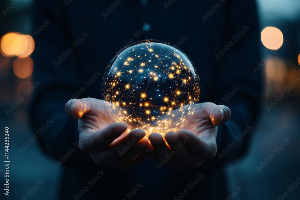Fototapeta premium Holding a glowing orb of interconnected lights symbolizing technology and innovation at dusk