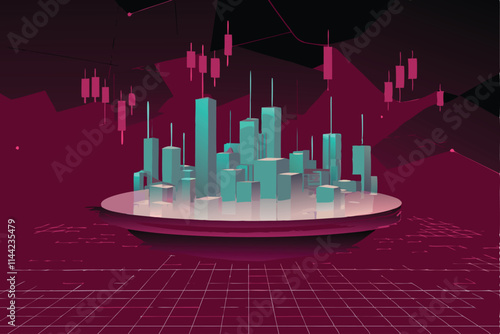 A vibrant, futuristic cityscape at night, showcasing holographic stock market charts projected onto towering skyscrapers.  Detail is key.