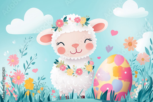 Wallpaper Mural A joyful lamb with a floral crown stands in a sunny meadow of colorful eggs and blooming flowers Torontodigital.ca