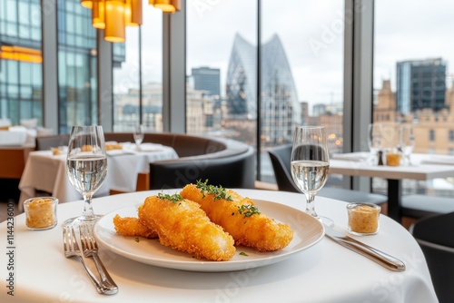 Delicioso plato de pescado empanizado en un restaurante elegante con vista a la ciudad
