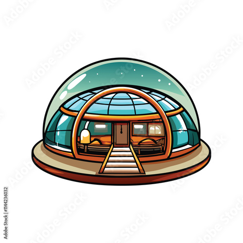 Render a futuristic geodesic dome house with smooth, rounded glass walls, showcasing sleek modern design and integrated technology.