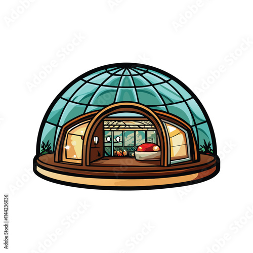 Render a futuristic, geodesic dome house with smooth, rounded glass walls and a sleek, modern design.  Show vibrant, futuristic landscaping.