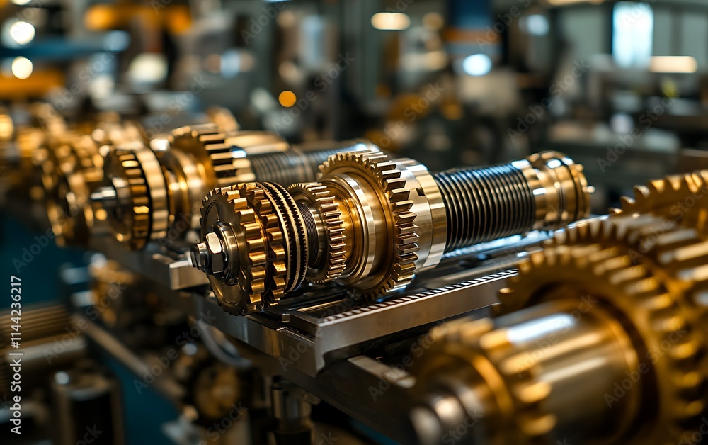 Close-up of precision-engineered gold-toned gears and shafts on a factory assembly line. Close-up of precision-engineered gold-toned gears and shafts on a factory assembly line.