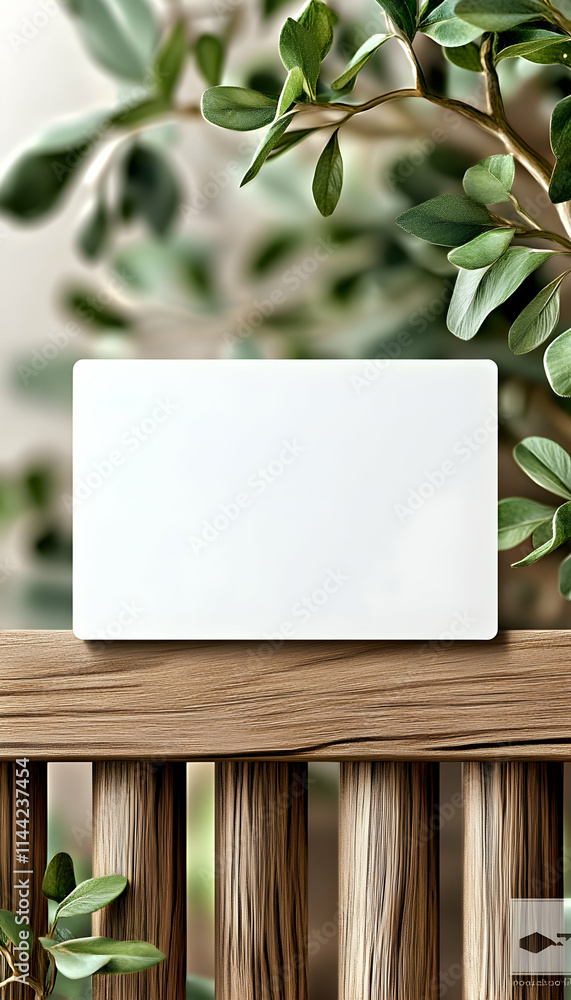 Blank white card mockup on wooden fence, green leaves background, for branding. Blank white card mockup on wooden fence, green leaves background, for branding.