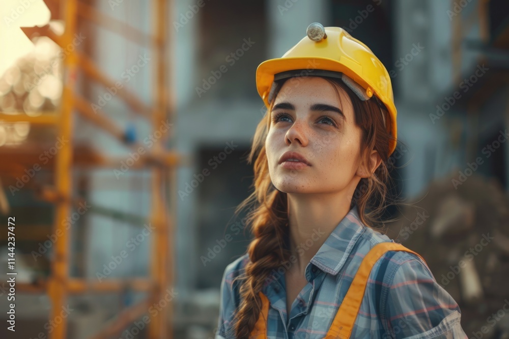 Invest in new development with young woman at construction site. Invest in new development with young woman at construction site.