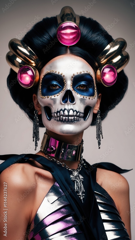 A captivating skull makeup design featuring vibrant blue and silver details. The unique hairstyle is adorned with bold accessories, complemented by dramatic lighting