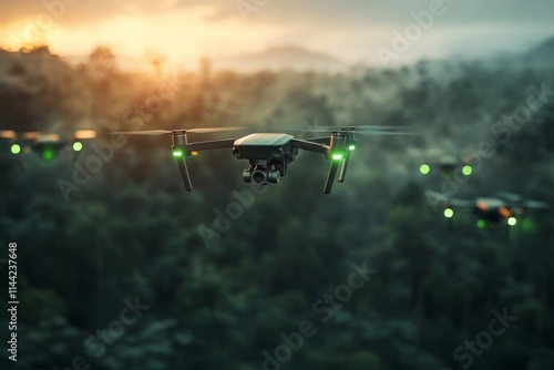 Drones flying above a dense forest at sunset capturing stunning aerial views of nature