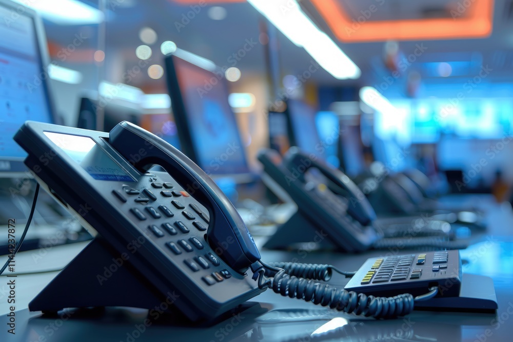 Close up of telephone devices in call center office setting.