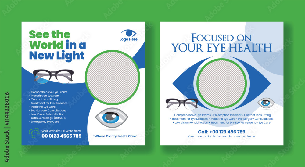 Eye clinic or optometrist social media post banner editable template suitable for Medical and Healthcare promotional social media advertising design Eye clinic or optometrist social media post banner editable template suitable for Medical and Healthcare promotional social media advertising design