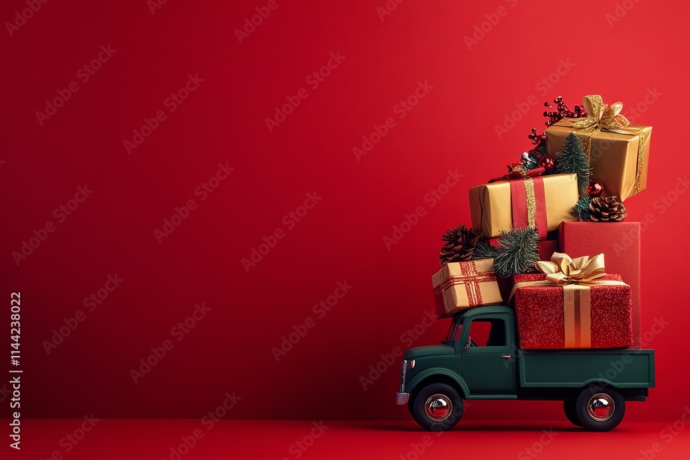 A Christmas-themed red truck carrying a large gift box wrapped in red ribbon on a seamless red background A Christmas-themed red truck carrying a large gift box wrapped in red ribbon on a seamless red background