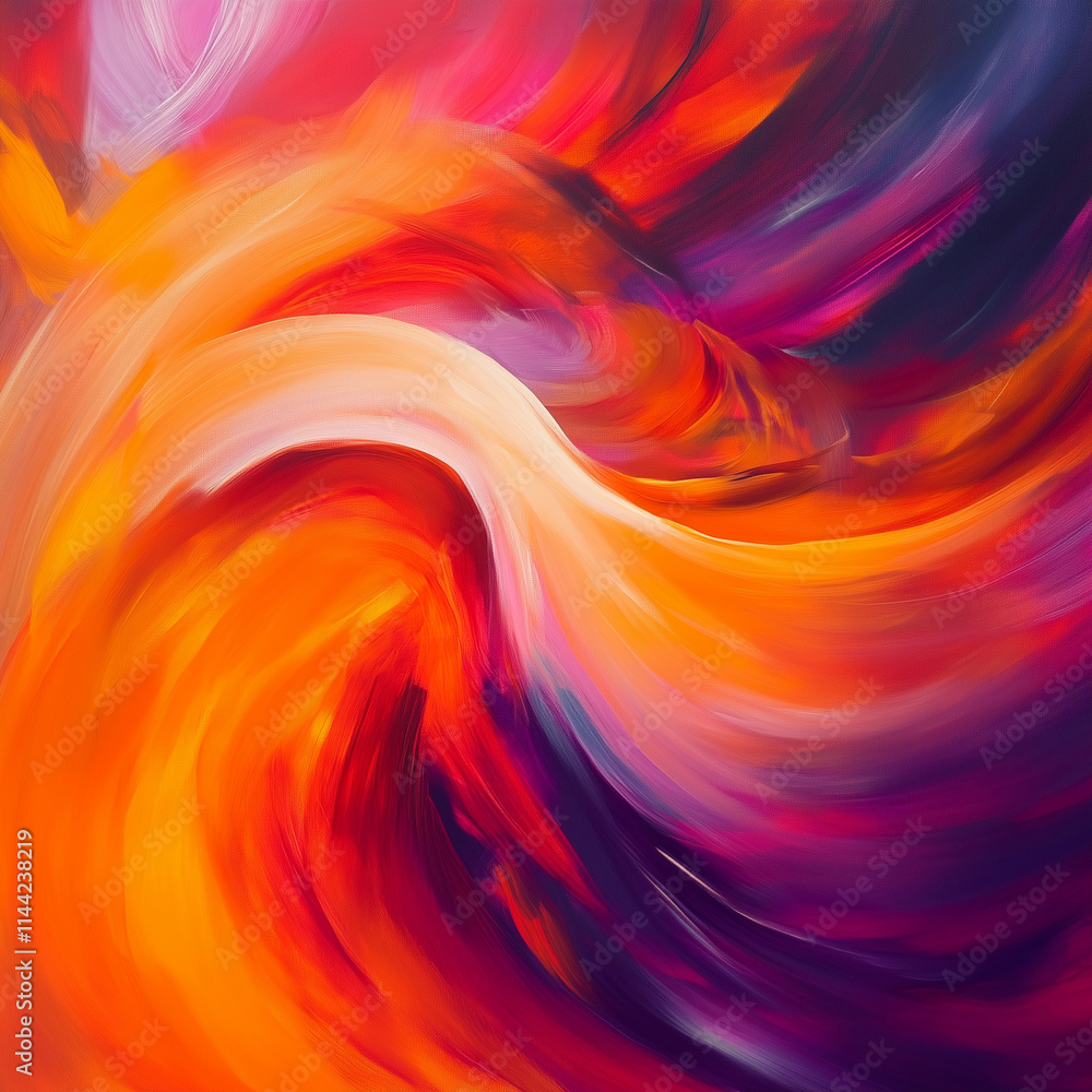 Dynamic swirl of bright orange, red, and purple colors creating movement in abstract art piece Dynamic swirl of bright orange, red, and purple colors creating movement in abstract art piece