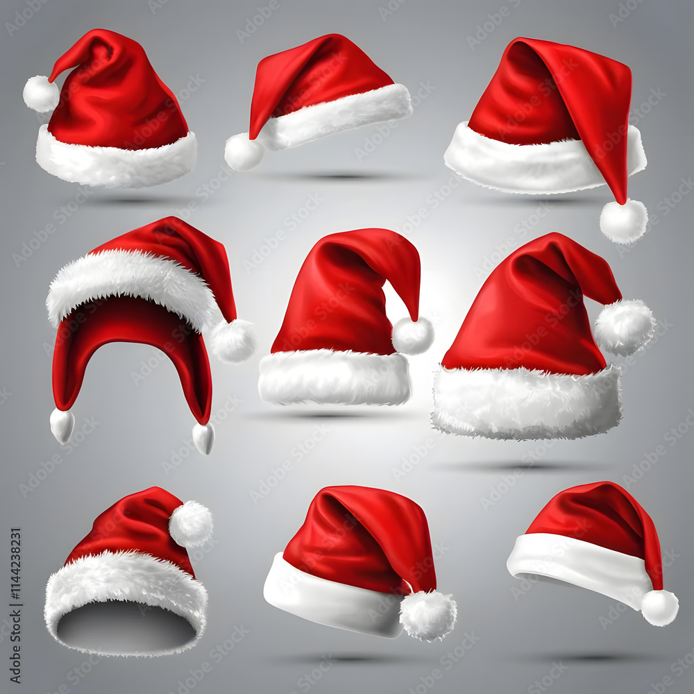 Collection of Santa Claus hats, isolated on grey background Collection of Santa Claus hats, isolated on grey background