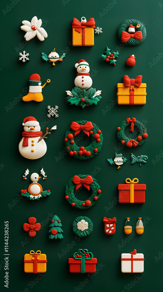 Fototapeta premium 3D Christmas Icon Set: Adorable Gift Boxes, Snowman, Festive Wreath, Calendar, and More in Vibrant Colors on Dark Green Background - Cute and Colorful Holiday Designs Perfect for Your Projects