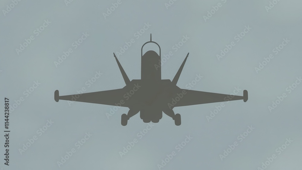 Fototapeta premium Silhouette of fighter jet flying through overcast sky, showcasing streamlined design and military strength.