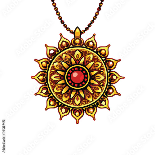 Generate a high-resolution image of a gold pendant necklace featuring an intricate, detailed design. Show the pendant's texture and craftsmanship clearly.