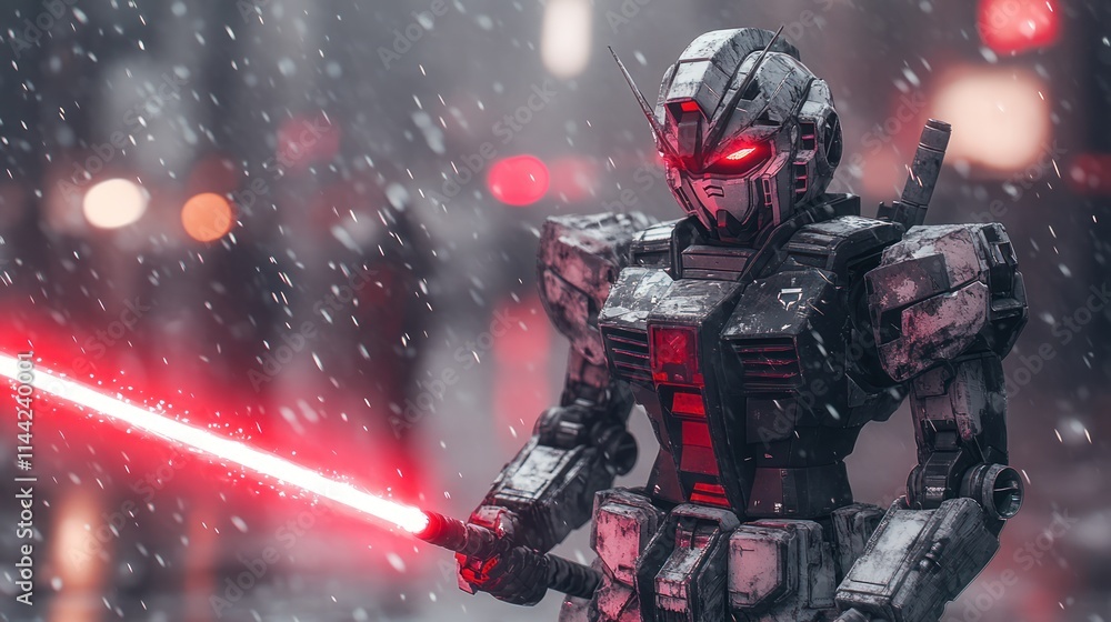 Futuristic robot warrior with glowing red lightsaber stands in snowy city street. Futuristic robot warrior with glowing red lightsaber stands in snowy city street.