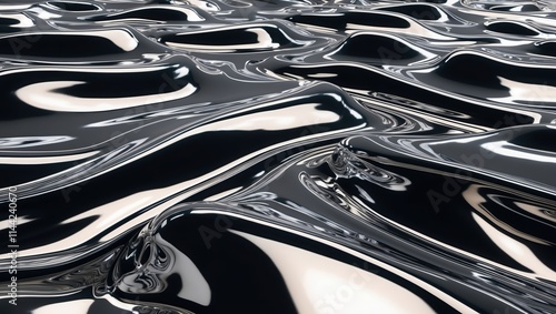 Smooth black surface with undulating waves reflecting light, creating a sleek, shiny texture suitable for modern design and abstract backgrounds.