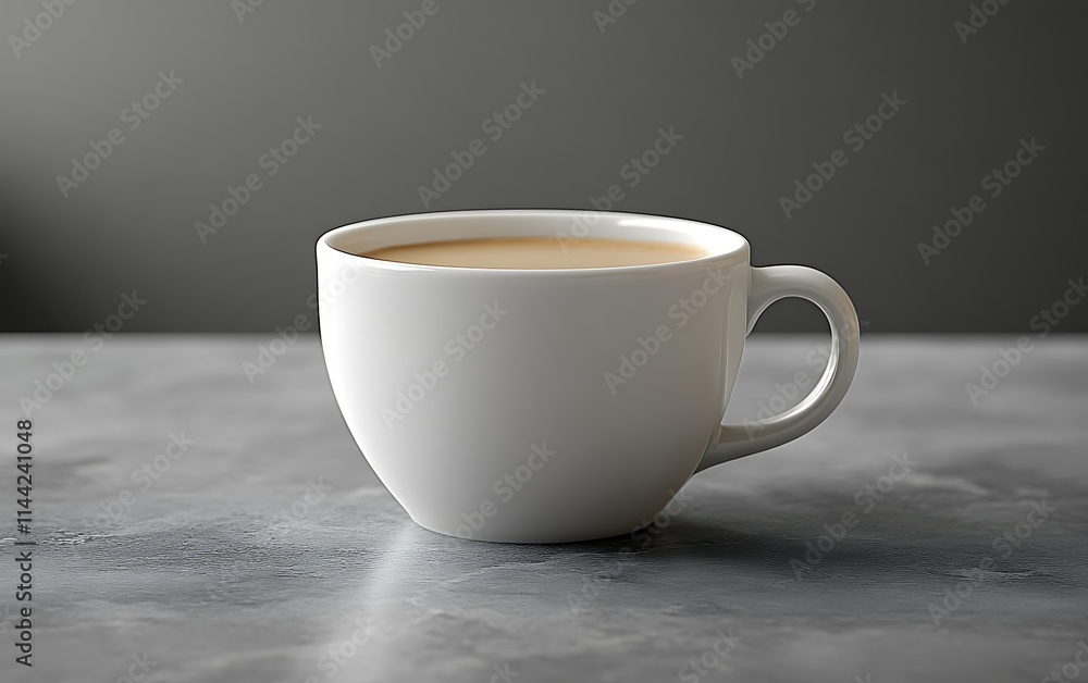 A white cup of coffee sits on a gray table against a dark background. A white cup of coffee sits on a gray table against a dark background.