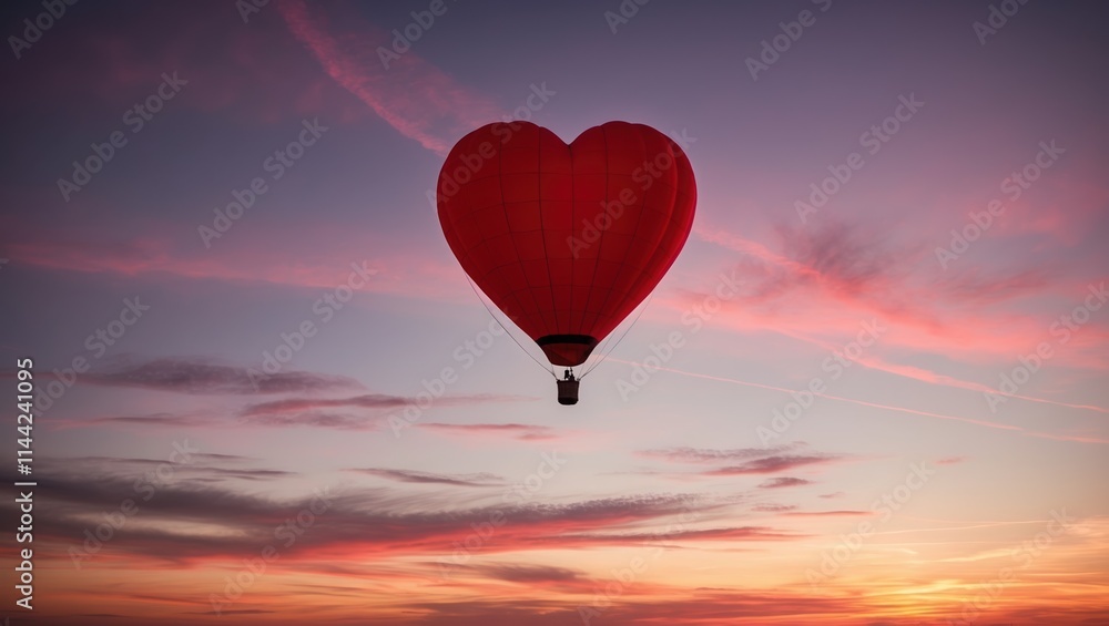 Fototapeta premium Heart-shaped red hot air balloon floating against stunning sunset sky with vibrant pink and purple hues, conveying romance and adventure.