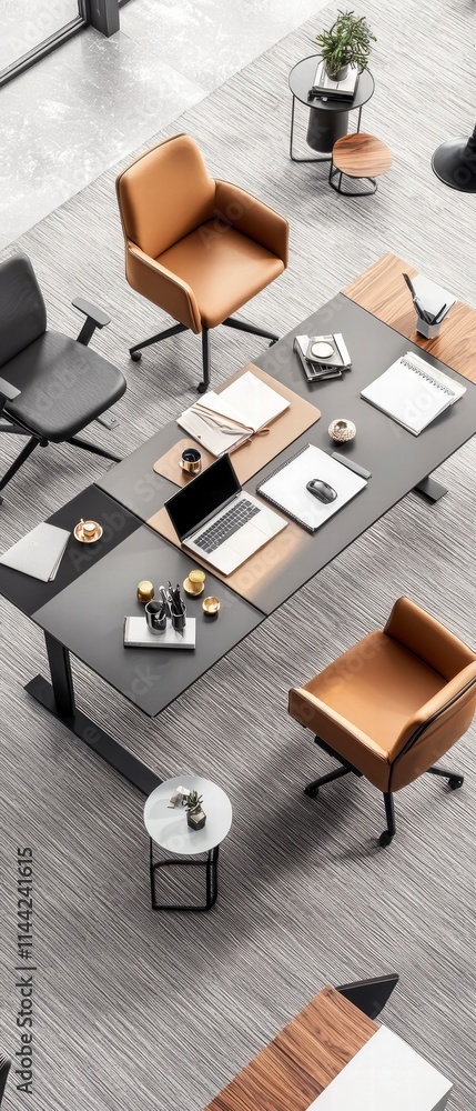 Modern Office Workspace with Tan Leather Chairs and Wooden Accents. Modern Office Workspace with Tan Leather Chairs and Wooden Accents.