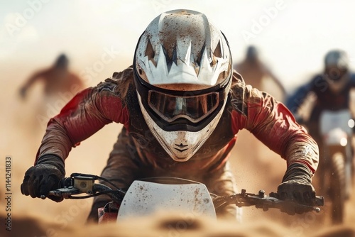 Intense dirt bike racing in a dusty landscape with riders focused on the track photo