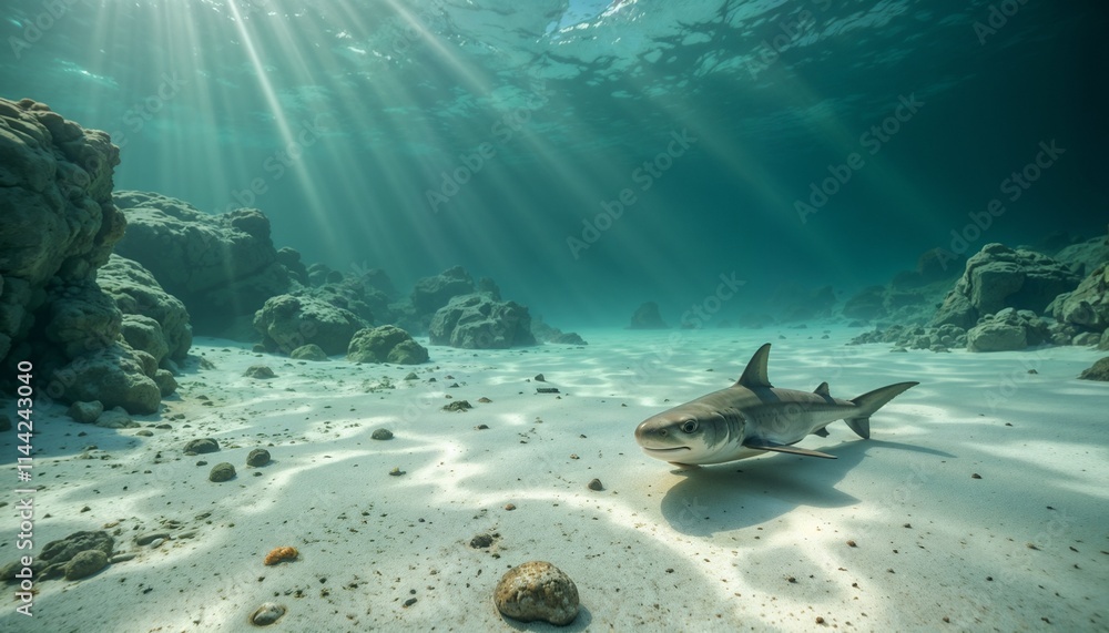 Fototapeta premium Baby shark swimming in clear ocean with sunlight beams