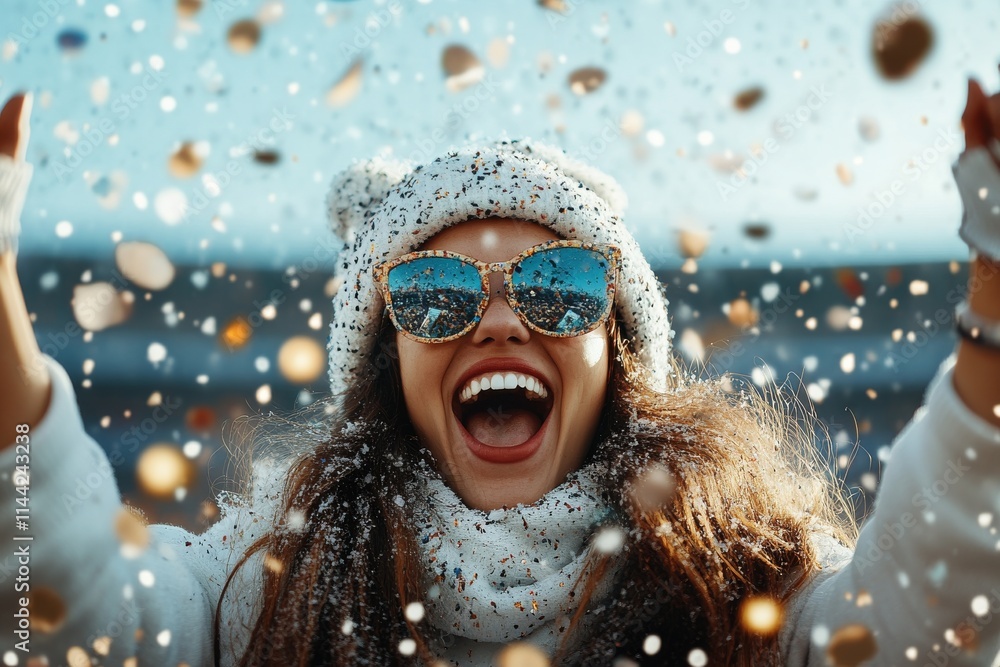 Excited young woman celebrating with confetti outdoors in winter while wearing a cozy outfit and stylish sunglasses