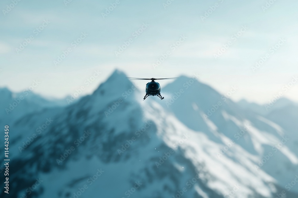 © Odin AI - Helicopter flying over snow-capped mountains during daylight in a scenic wilderness area © Odin AI - Helicopter flying over snow-capped mountains during daylight in a scenic wilderness area