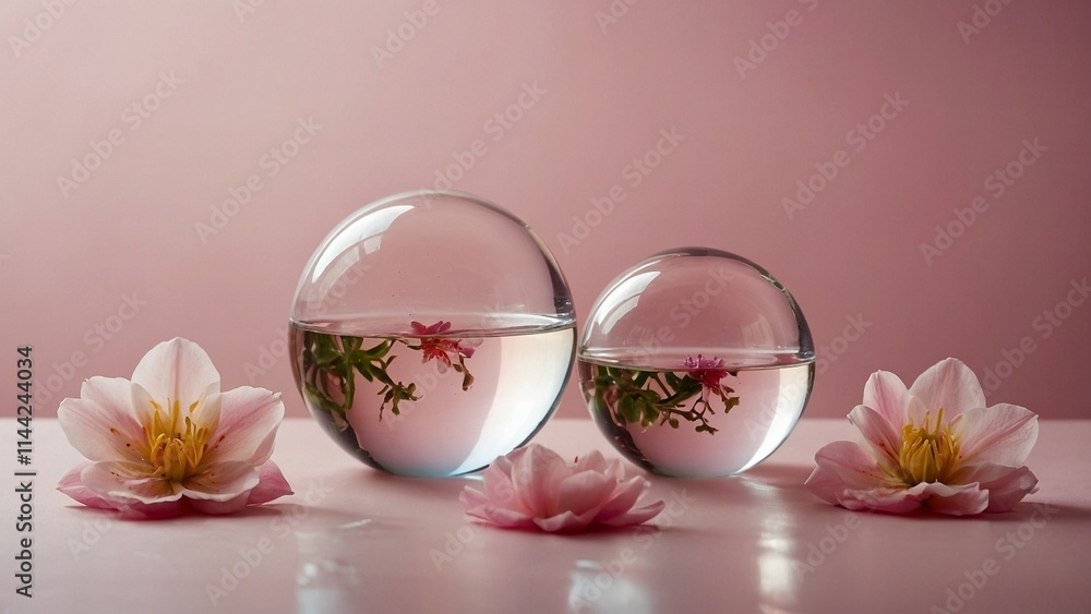 Two delicate glass balls, one filled with vibrant flowers and the other with shimmering water, suspended in mid-air against a soft pink backdrop. Two delicate glass balls, one filled with vibrant flowers and the other with shimmering water, suspended in mid-air against a soft pink backdrop.