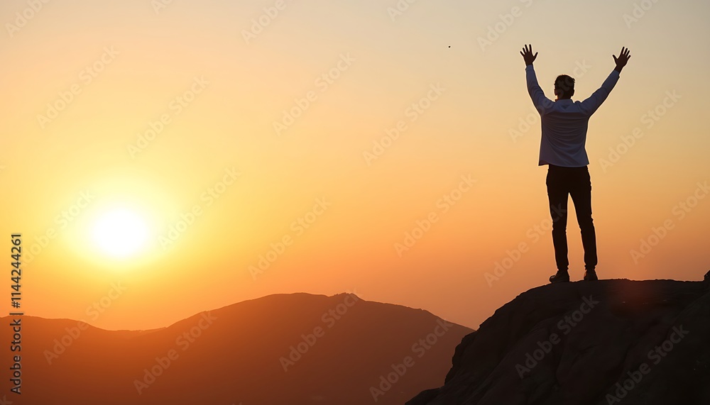 Silhouette businessman standing on the top of mountain and raising hands in the air with mountain valleys view against sunset sky Silhouette businessman standing on the top of mountain and raising hands in the air with mountain valleys view against sunset sky