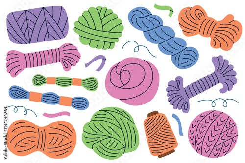 Vector illustration of colorful yarn, thread collection in cartoon flat style. Knitting, crochet, sewing, embroidery materials, skeins, spools, balls. Creative design, crafting, DIY supplies