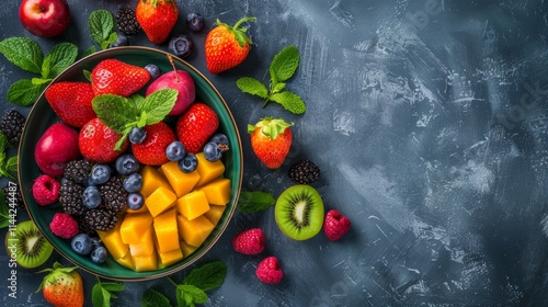 Bowl of fresh fruit including mangoes, berries, and grapes