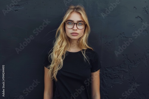 Blonde girl in black t shirt and glasses poses in urban setting. photo