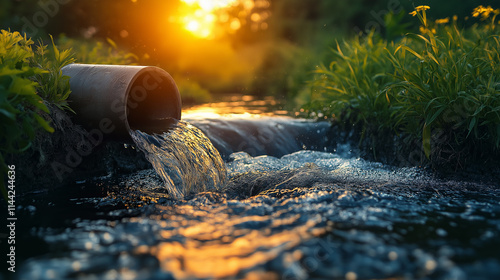 Water Flowing Out Of A Pipe Into A River In A Forest: A Sunset Scene Highlighting The Water Pollution Concept