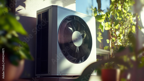 A modern, sleek air conditioning unit on the side of an outdoor