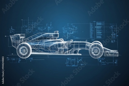 Detailed blueprint of a modern racing car showcasing engineering precision and innovative design in a digital format