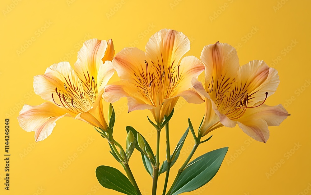 Obraz premium Three pale yellow Alstroemeria flowers against a yellow background.