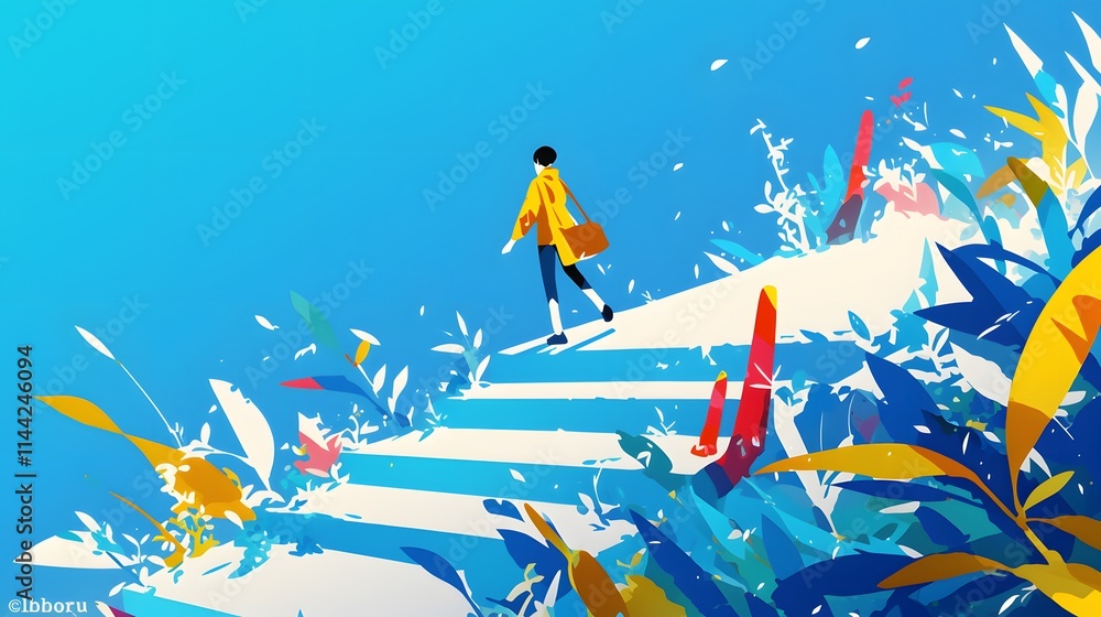 Obraz premium Minimalist 2D illustration of a digital character exploring a clean digital space with vibrant colors; simple and effective design.