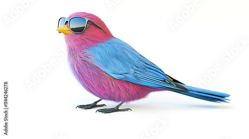 Colorful bird in sunglasses on a white background.