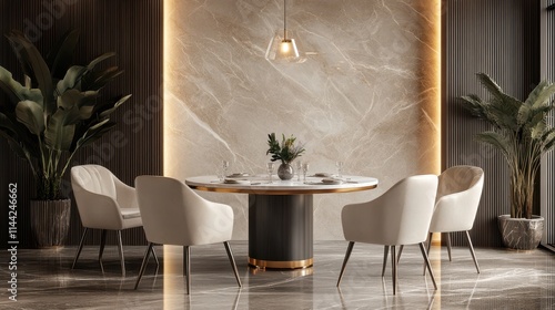 nterior design with marble round table and chairs. Modern dining room with beige wall. Cafe, bar or restaurant interior design. Home interior photo