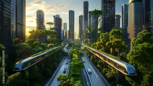 A conceptual depiction of reducing the carbon footprint, framed by efficient transportation methods, greener infrastructure, and cleaner production lines 