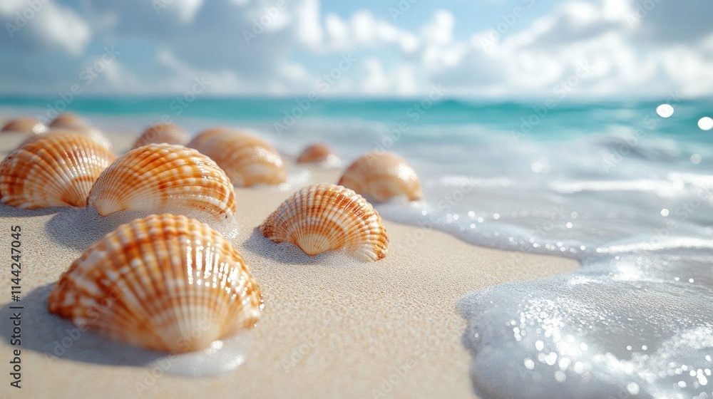 Seashells on sandy beach with ocean wave. Seashells on sandy beach with ocean wave.