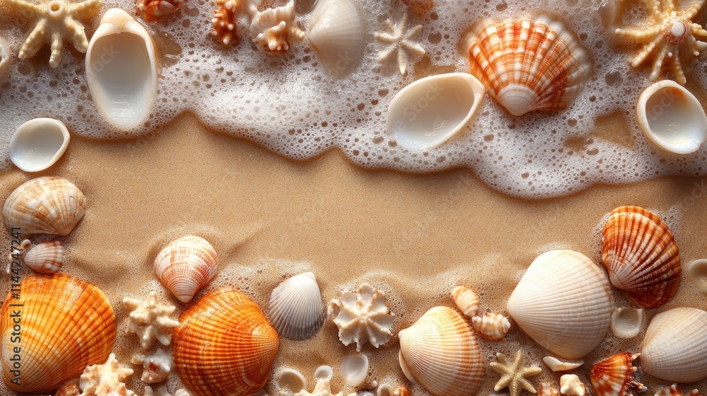 Seashells and wave foam border on sandy beach. Seashells and wave foam border on sandy beach.