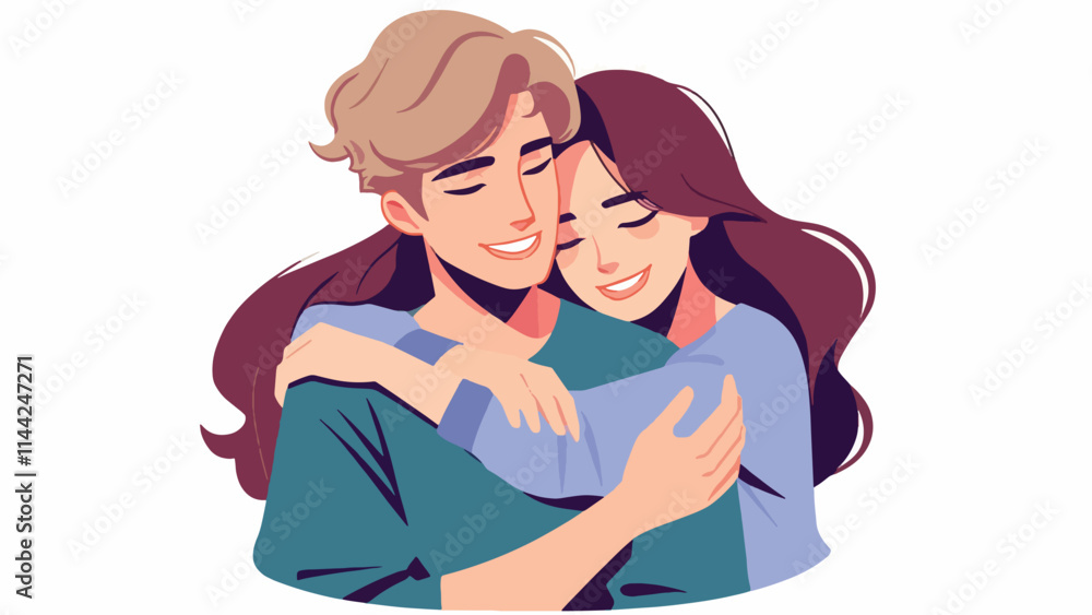 A couple hugging each other in casual clothes, in an atmosphere full of love on Valentine's Day A couple hugging each other in casual clothes, in an atmosphere full of love on Valentine's Day