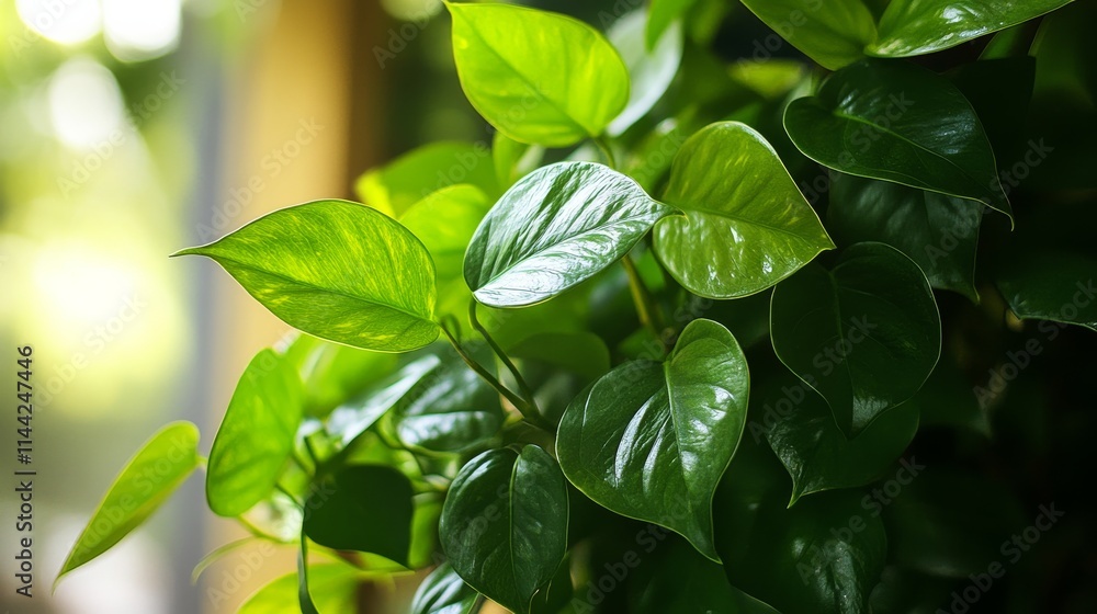 A healthy green plant with vibrant, glossy leaves, A healthy green plant with vibrant, glossy leaves,