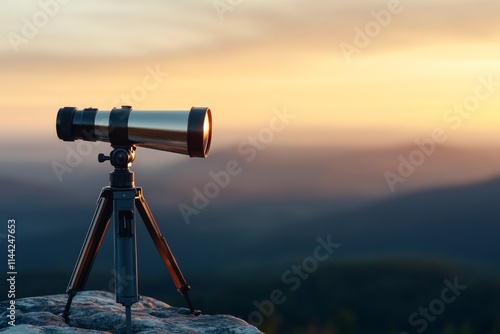 Dusk view from a mountain peak showcasing a telescope overlooking the valley during sunset photo