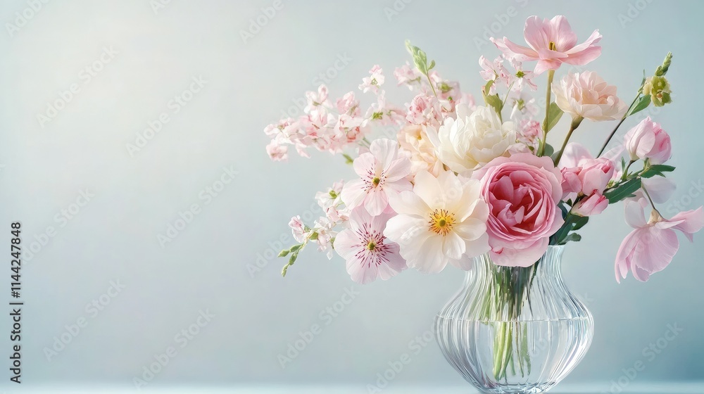 Elegant pastel flowers in a glass vase against a soft, light background, evoking serenity and beauty Elegant pastel flowers in a glass vase against a soft, light background, evoking serenity and beauty