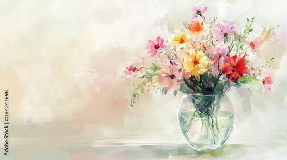 Fototapeta premium Elegant pastel flowers in a glass vase against a soft, light background, evoking serenity and beauty