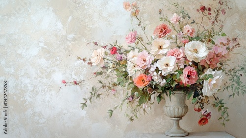 Elegant floral arrangement in soft pastel tones displayed in a delicate vase against a light and airy background