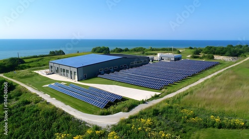 A crisp view of benefiting from clean energy, framed by gleaming solar modules, clear blue skies, and healthy greenery expressing optimism  photo